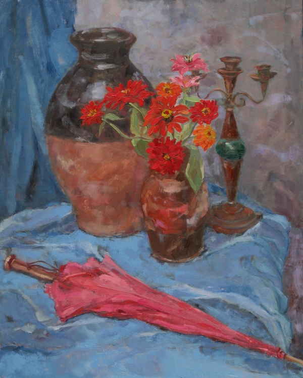 Zinnias with parasol